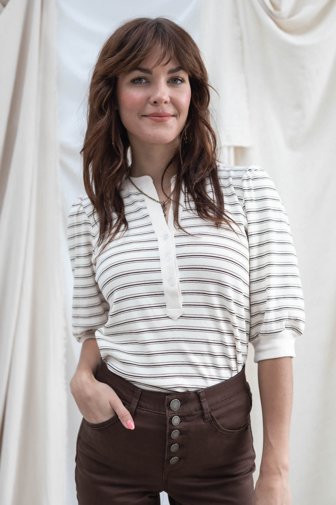 Stripe Button Front Elbow Sleeve Top