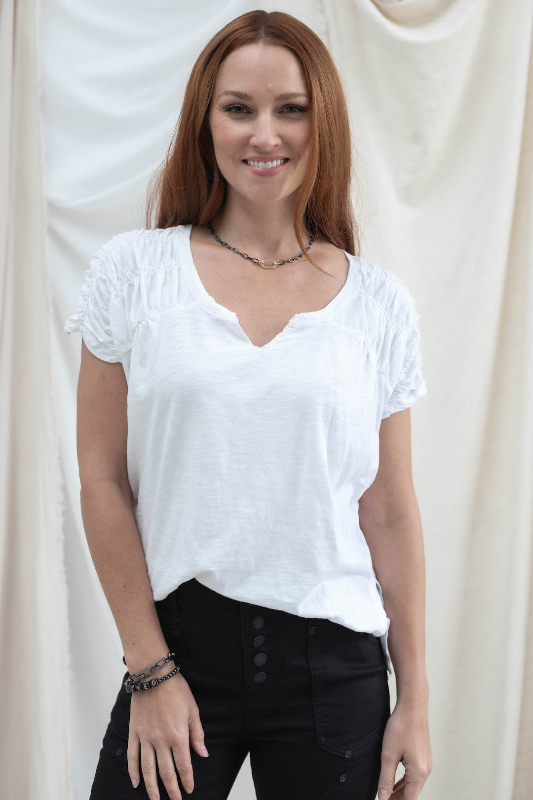 Ruched Notch Neck Short Sleeve - 2 Colors