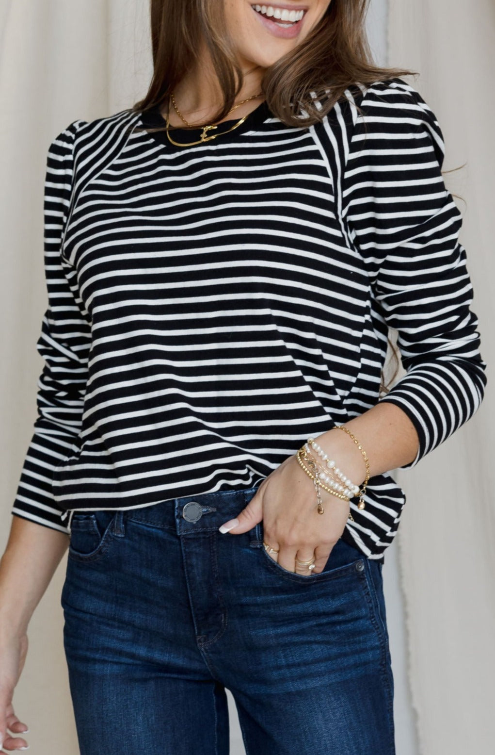 Striped Long Sleeve Puff Slub Tee