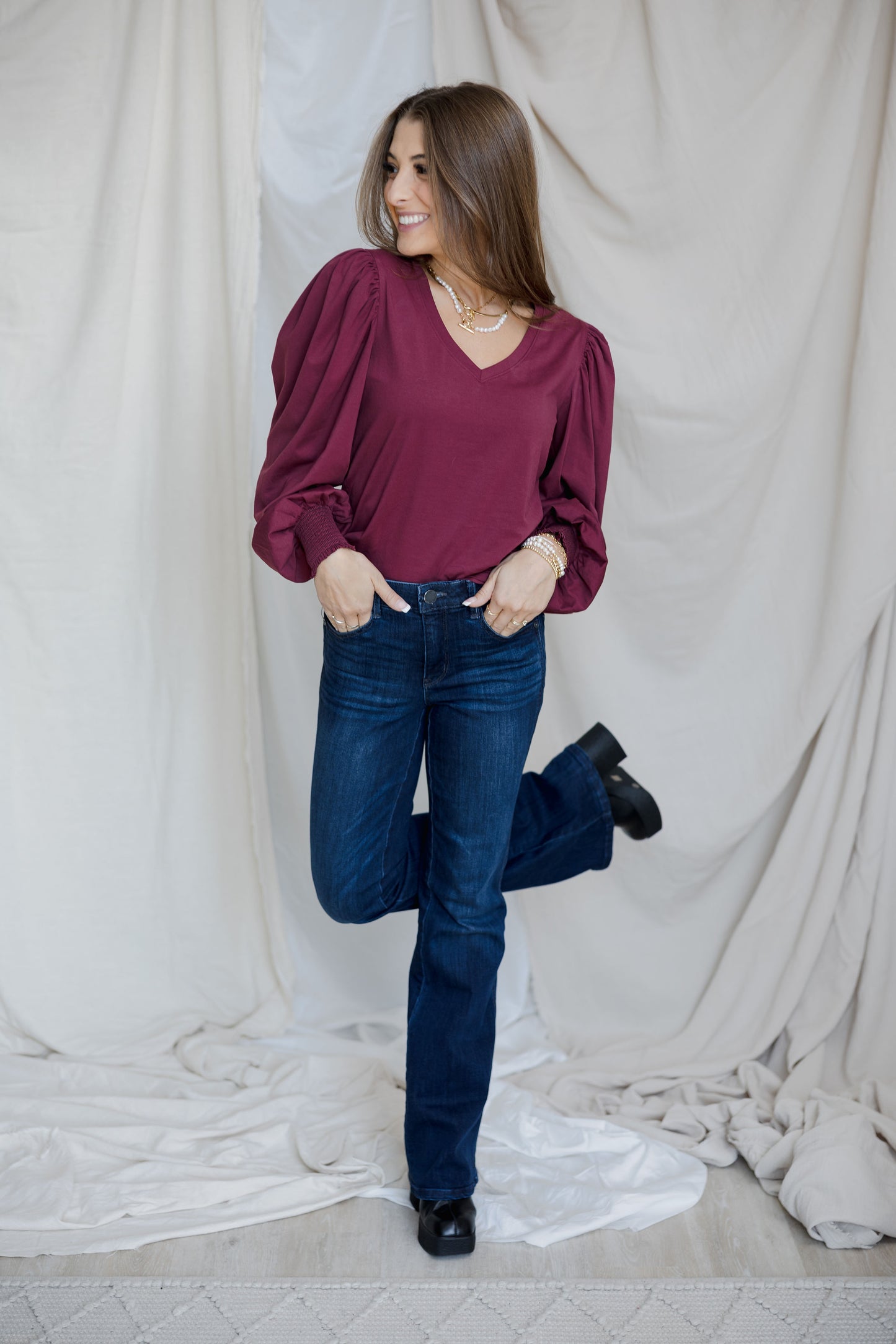 V-Neck Smocked Wrist Top