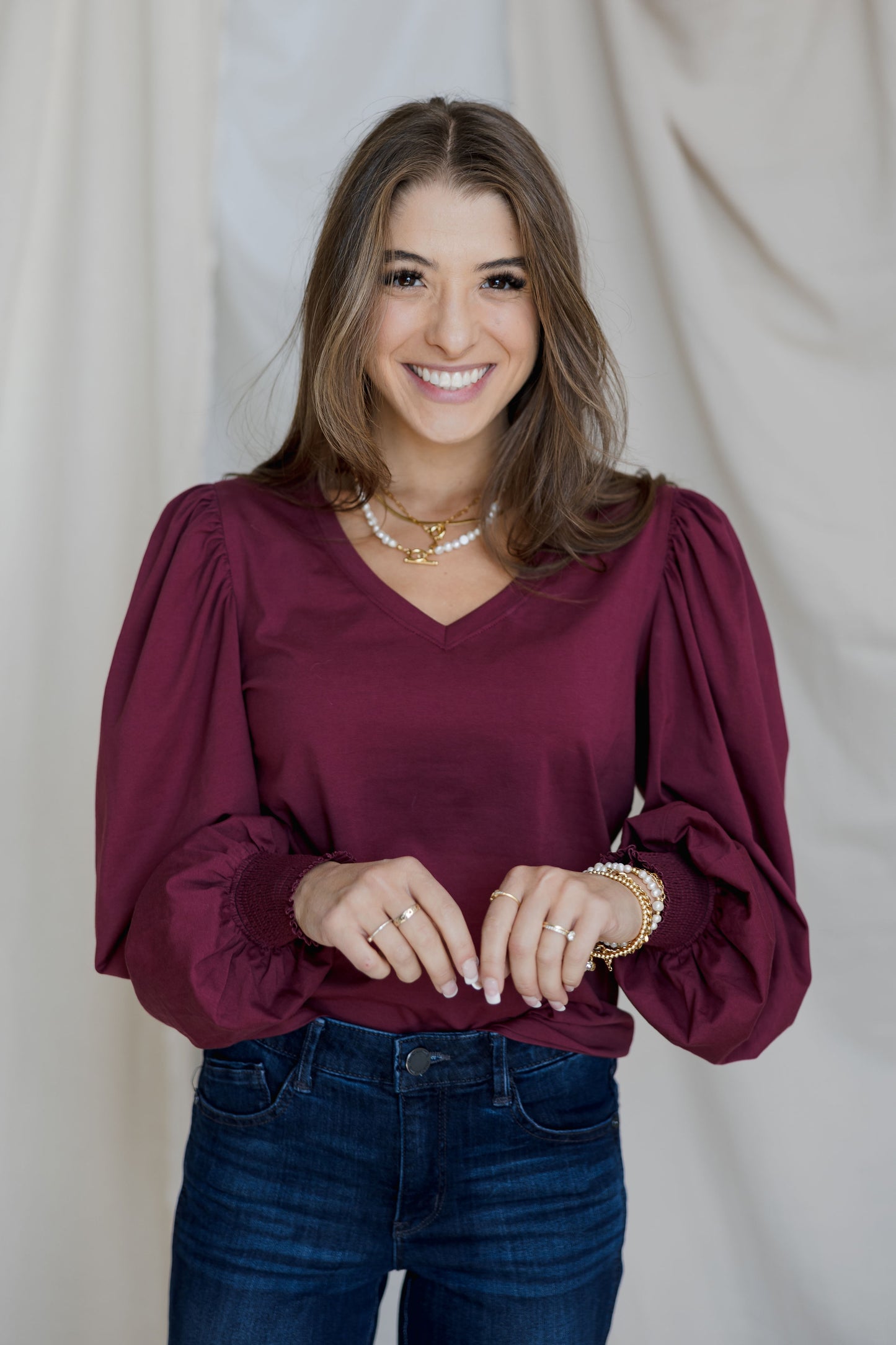 V-Neck Smocked Wrist Top