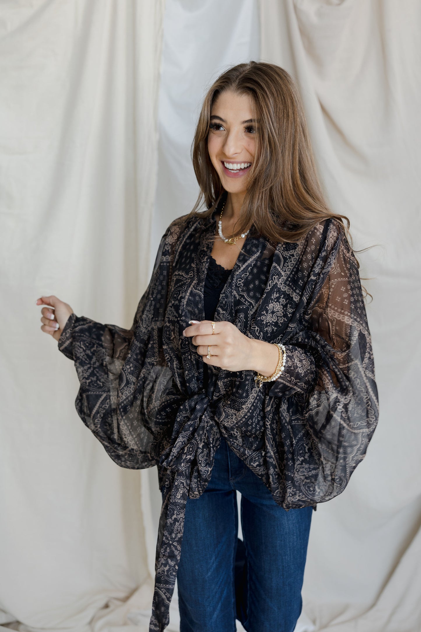 Tie Front Kimono Blouse - Black Bandana