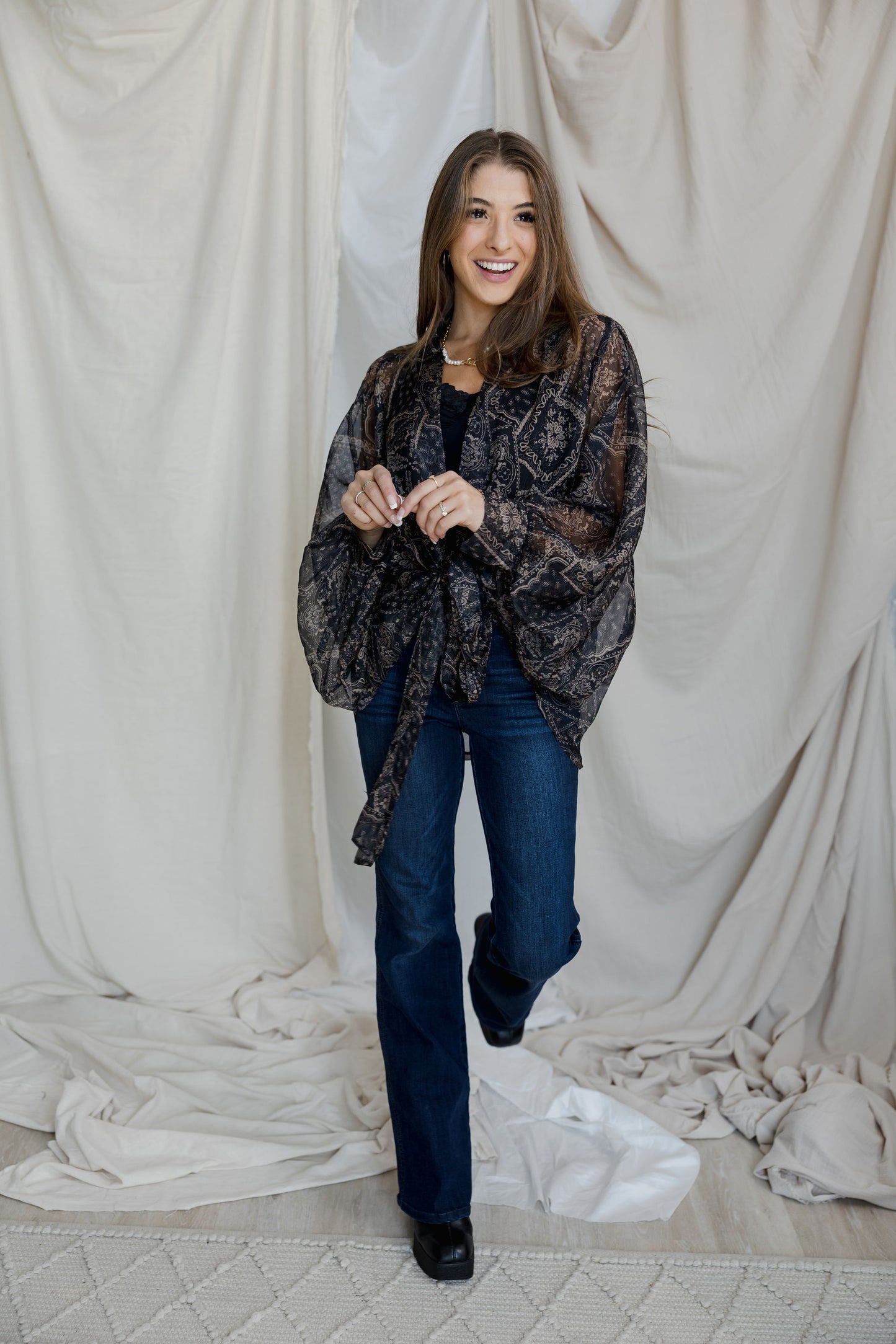 Tie Front Kimono Blouse - Black Bandana