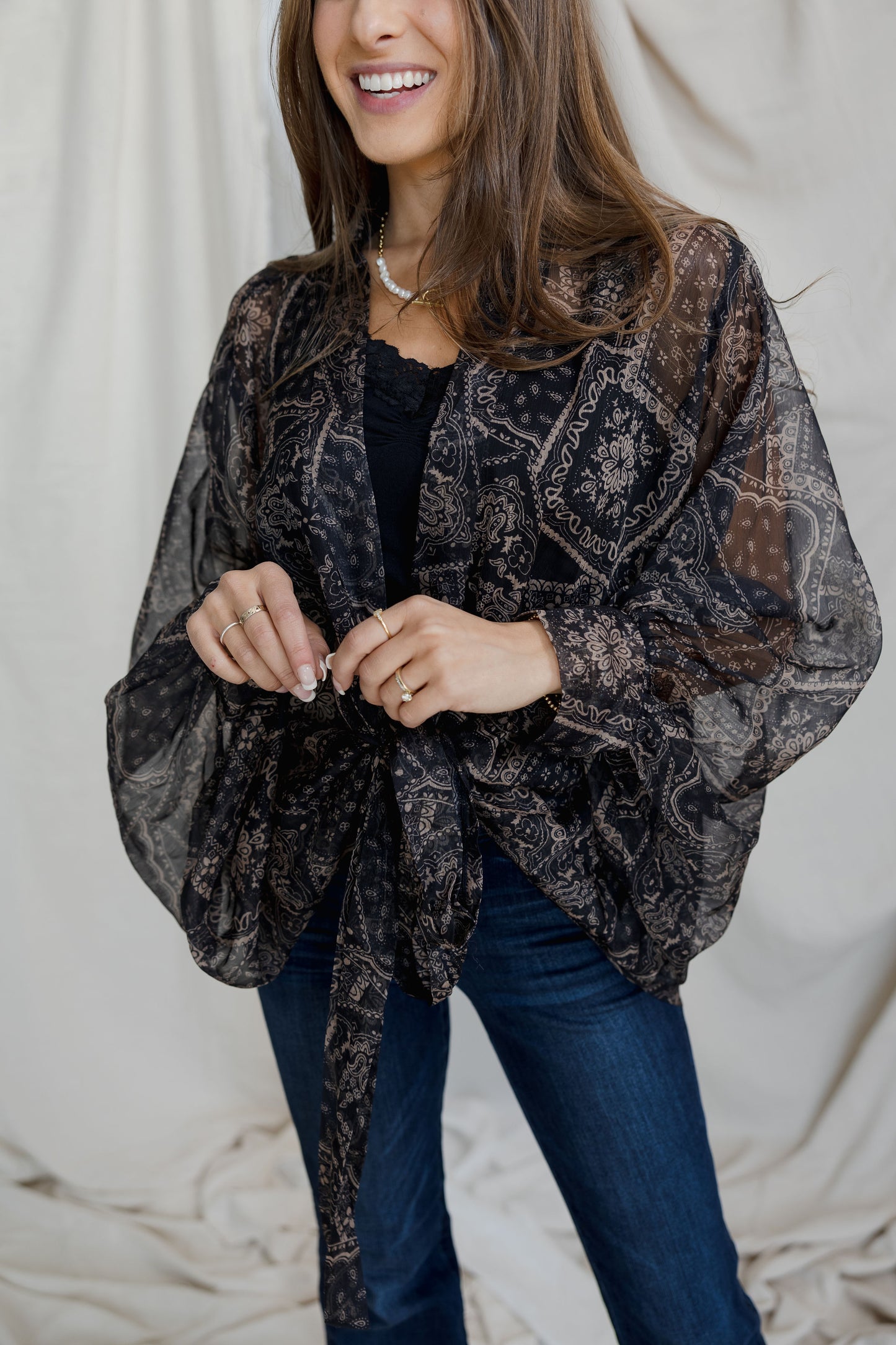 Tie Front Kimono Blouse - Black Bandana