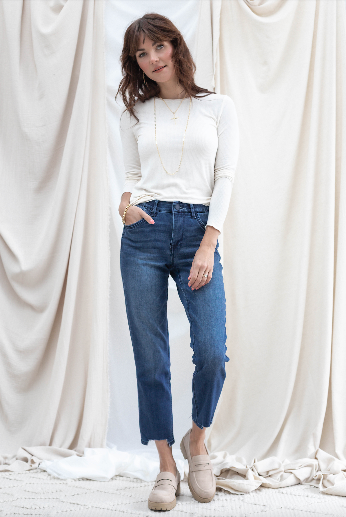 Slim Straight High Rise w/ Front Cut Out Hem