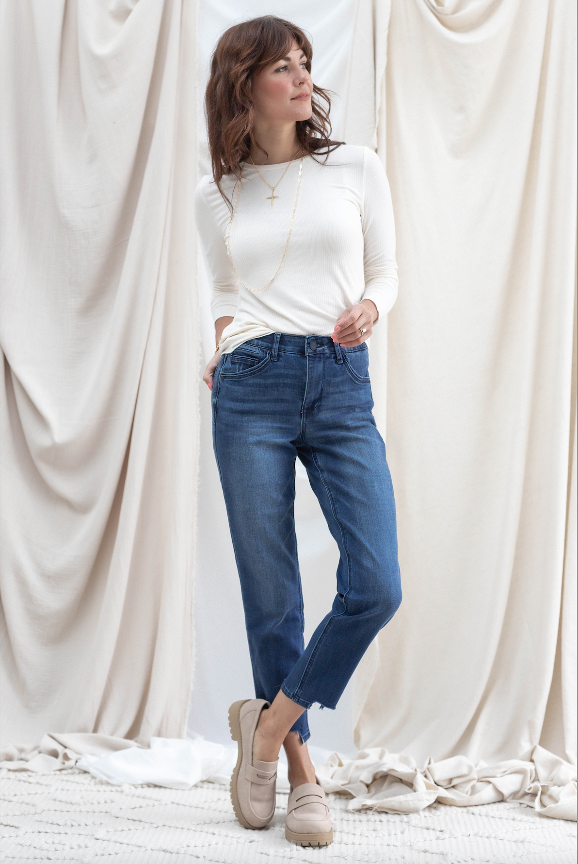 Slim Straight High Rise w/ Front Cut Out Hem
