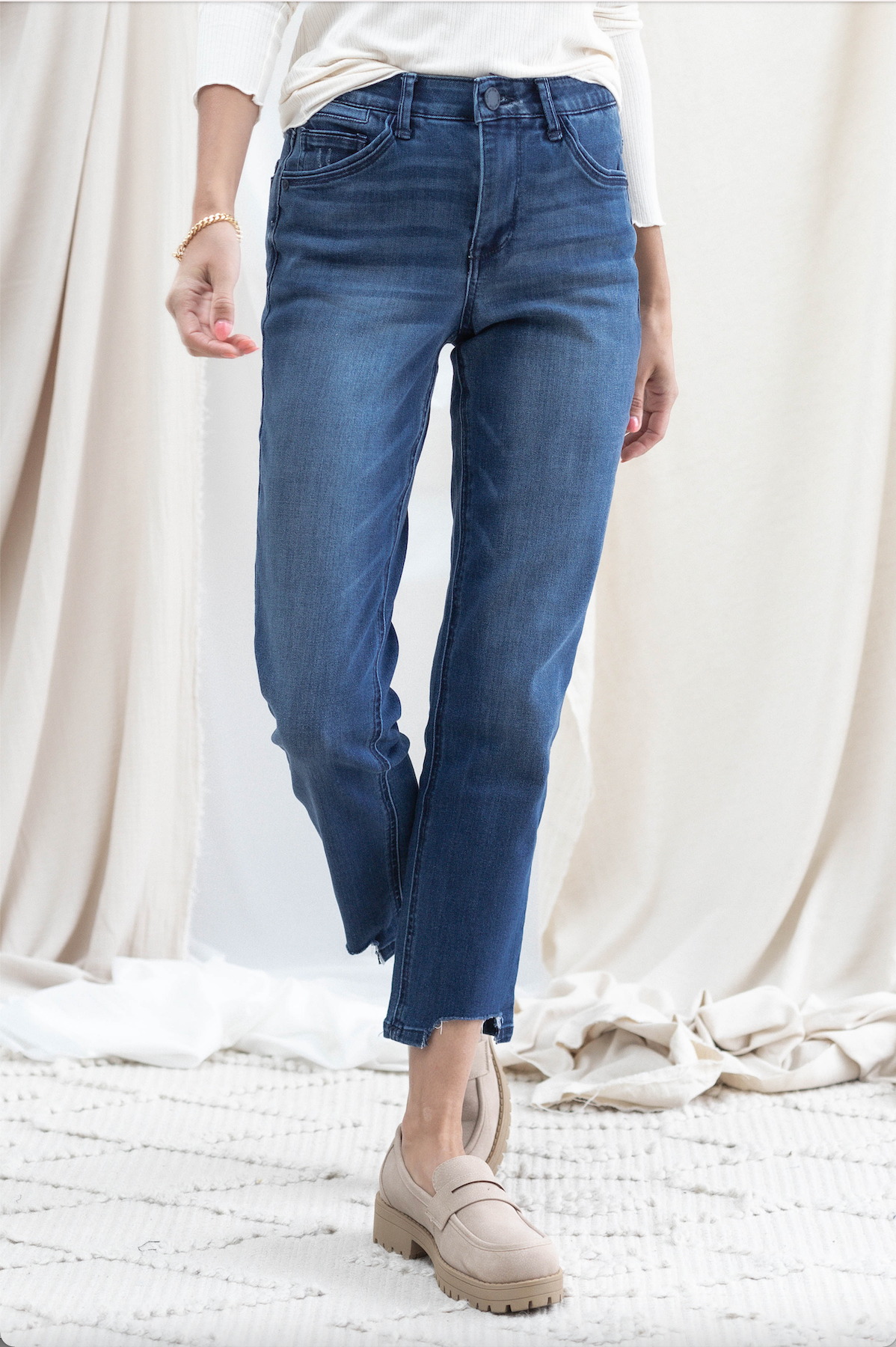 Slim Straight High Rise w/ Front Cut Out Hem