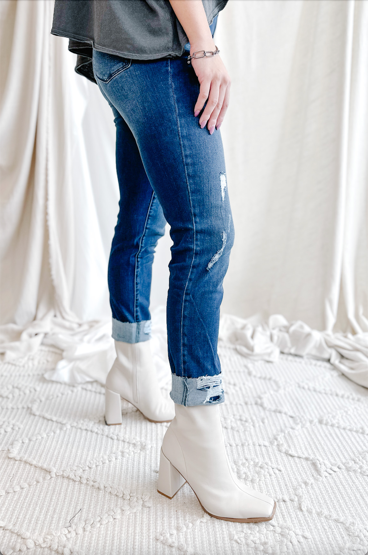Straight Leg Girlfriend w/ Destructed Raw Cuff Hem