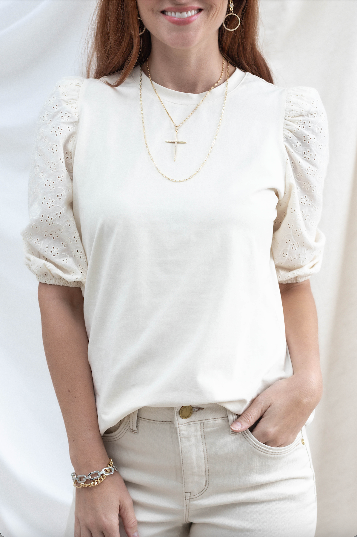 Eyelet Sleeve Top - 2 Colors