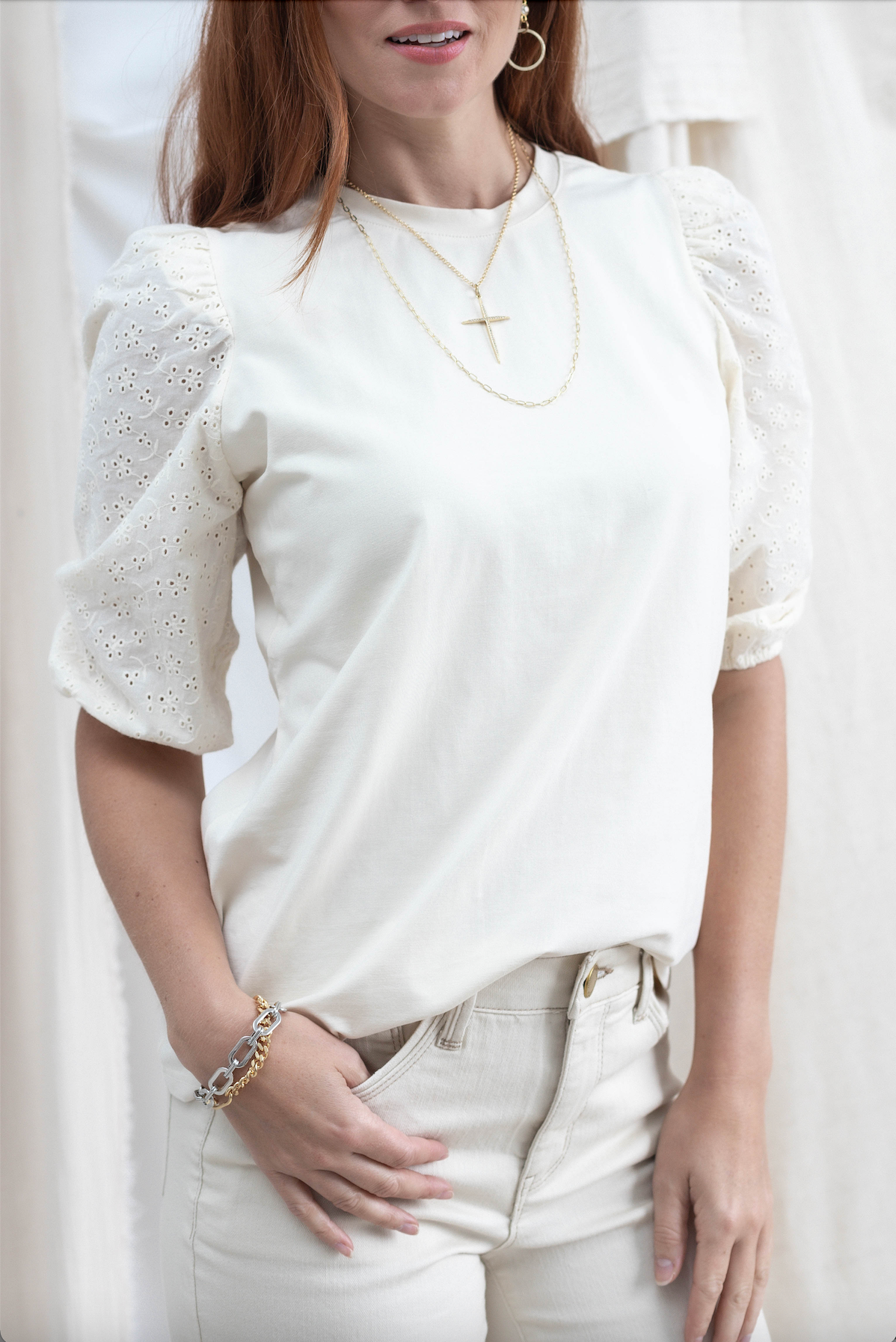 Eyelet Sleeve Top - 2 Colors