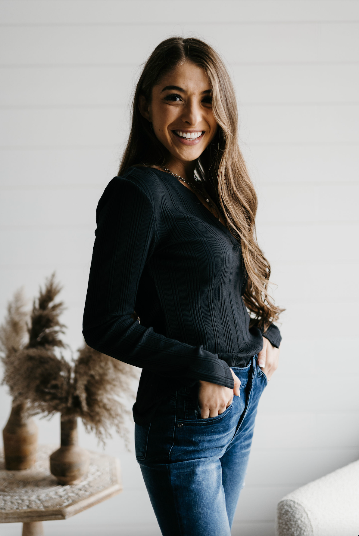 Variegated Stretch Rib Long Sleeve - Black