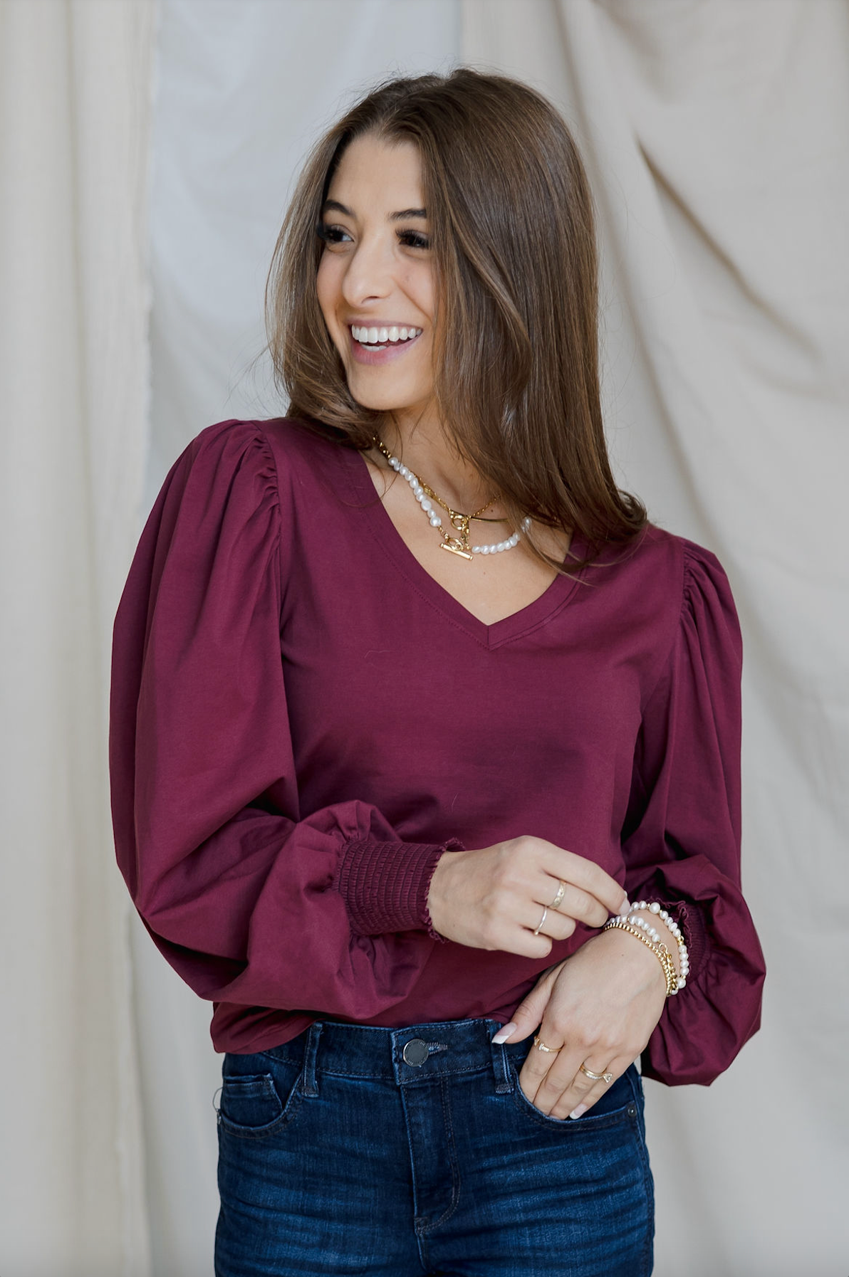 V-Neck Smocked Wrist Top