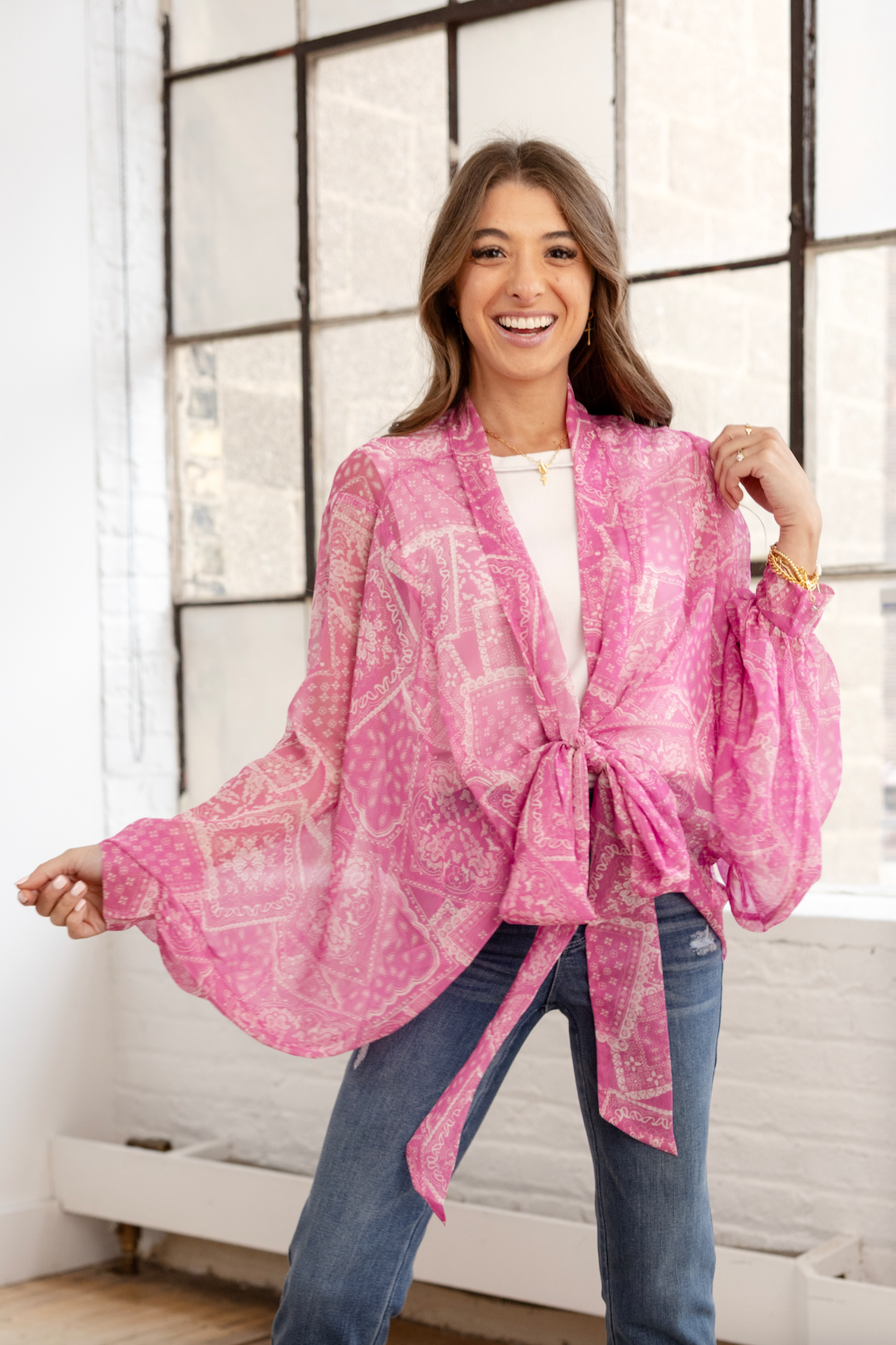 Tie Front Kimono Blouse - Pink Bandana