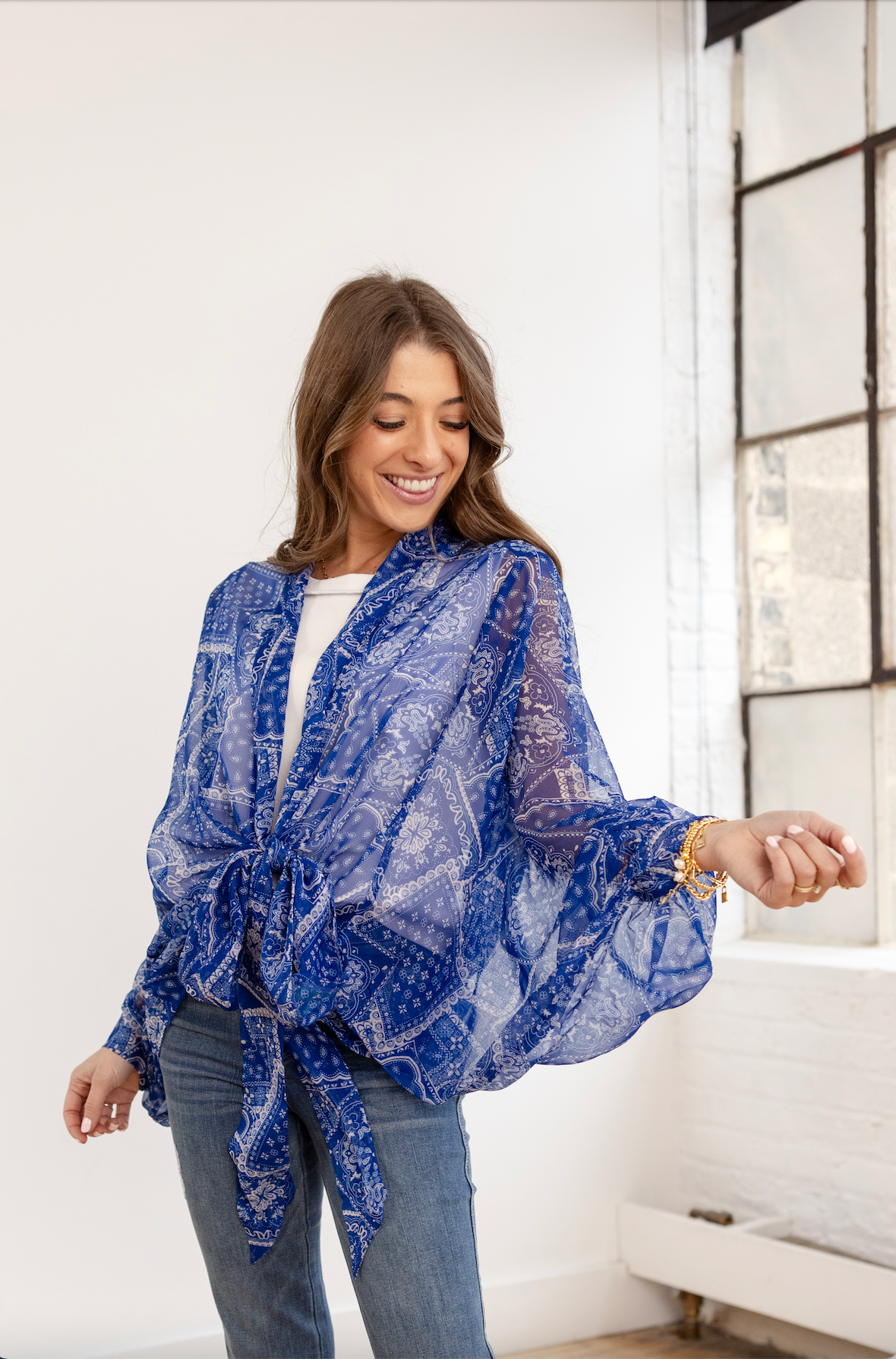 Tie Front Kimono Blouse - Blue Bandana