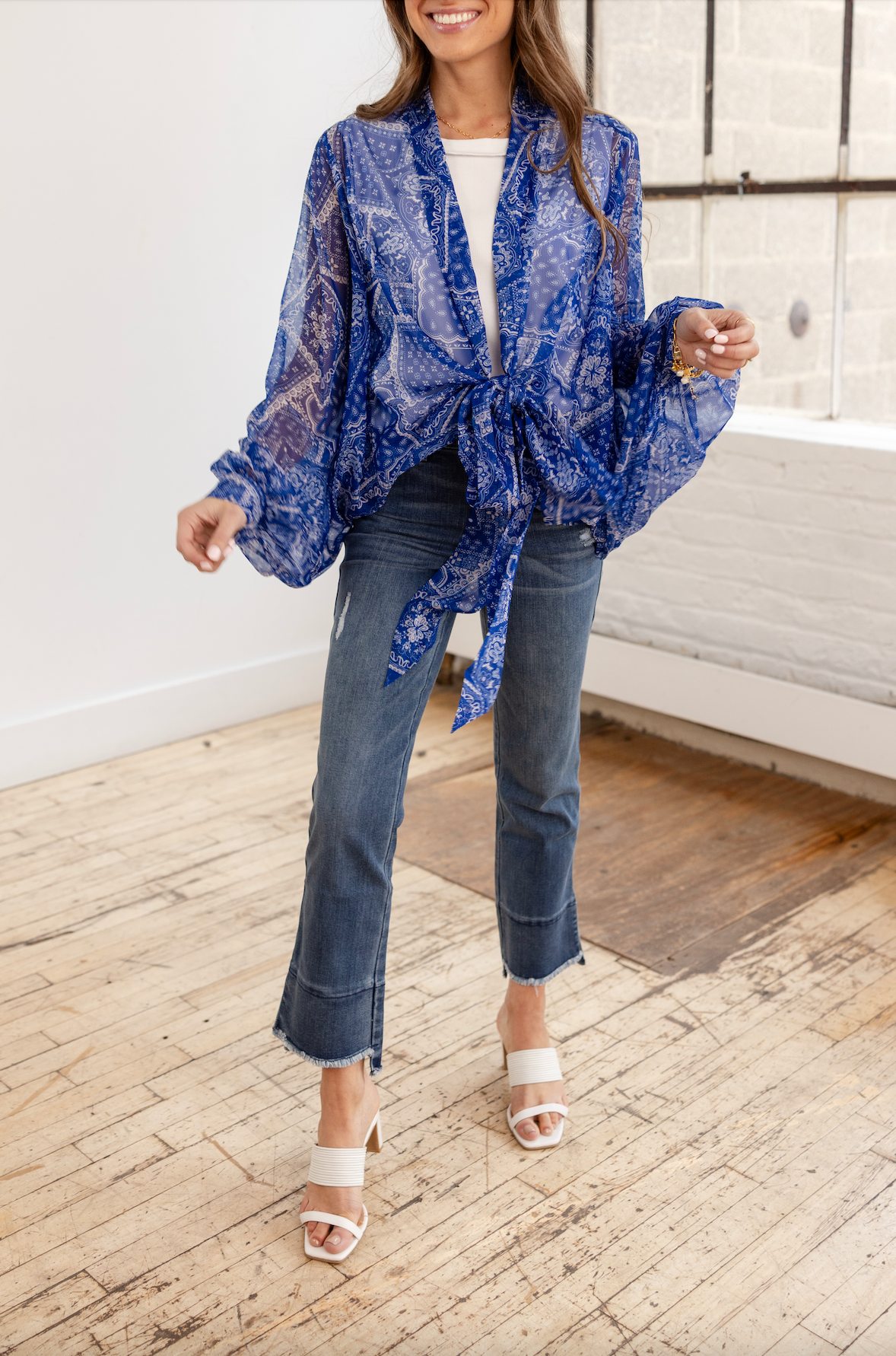 Tie Front Kimono Blouse - Blue Bandana