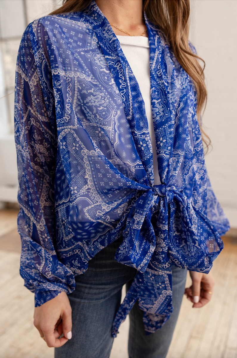 Tie Front Kimono Blouse - Blue Bandana – Mac and Me