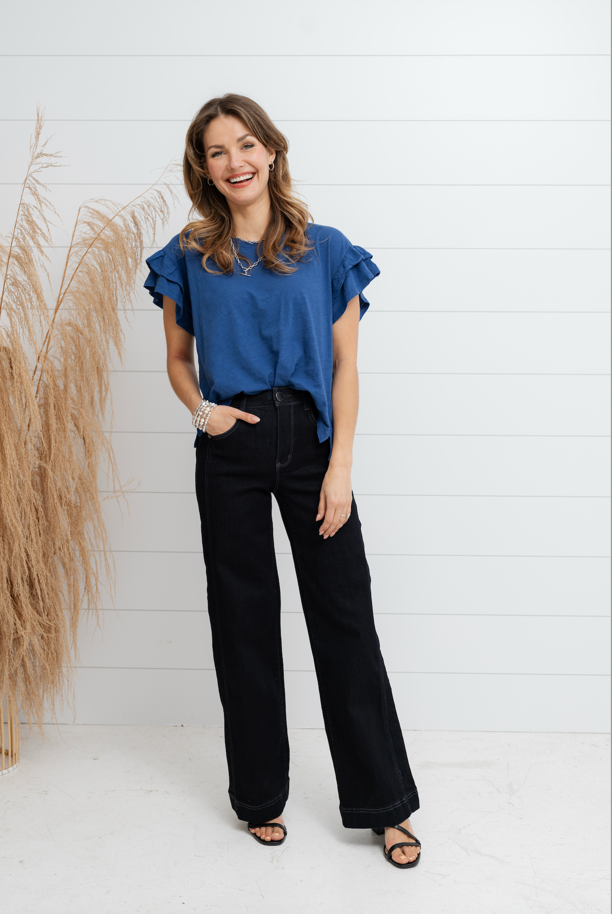 Leila Flutter Sleeve Top - Navy