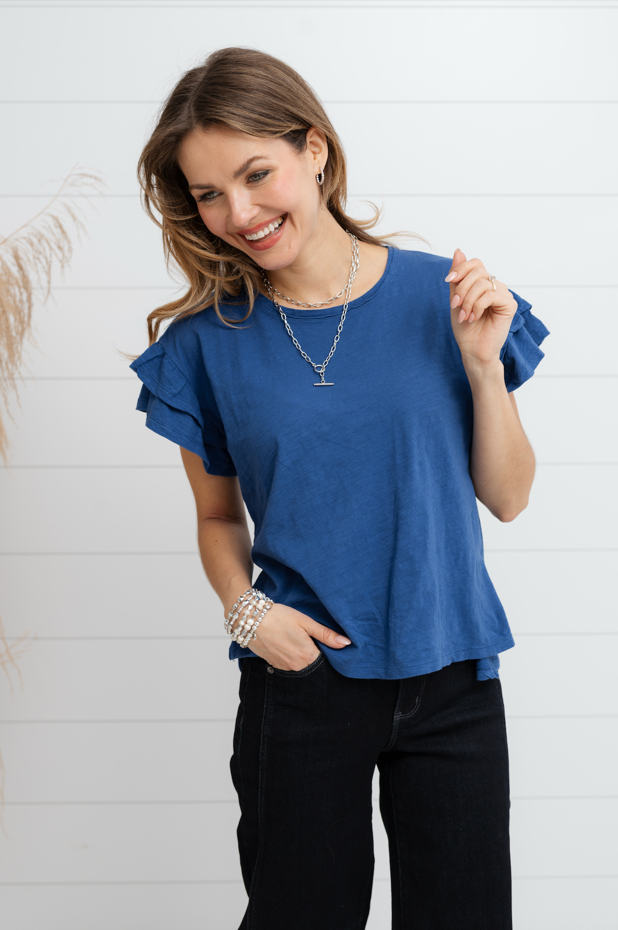 Leila Flutter Sleeve Top - Navy