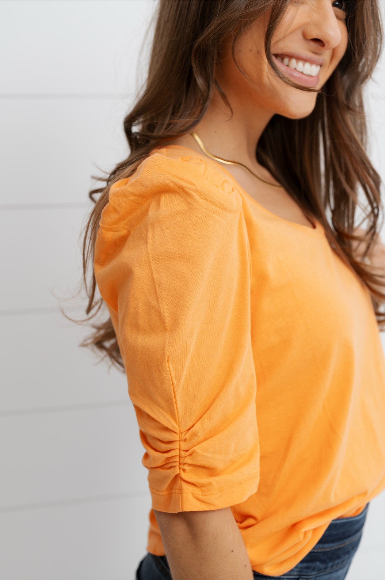Colby Puff Ruched Sleeve Top - Tangerine
