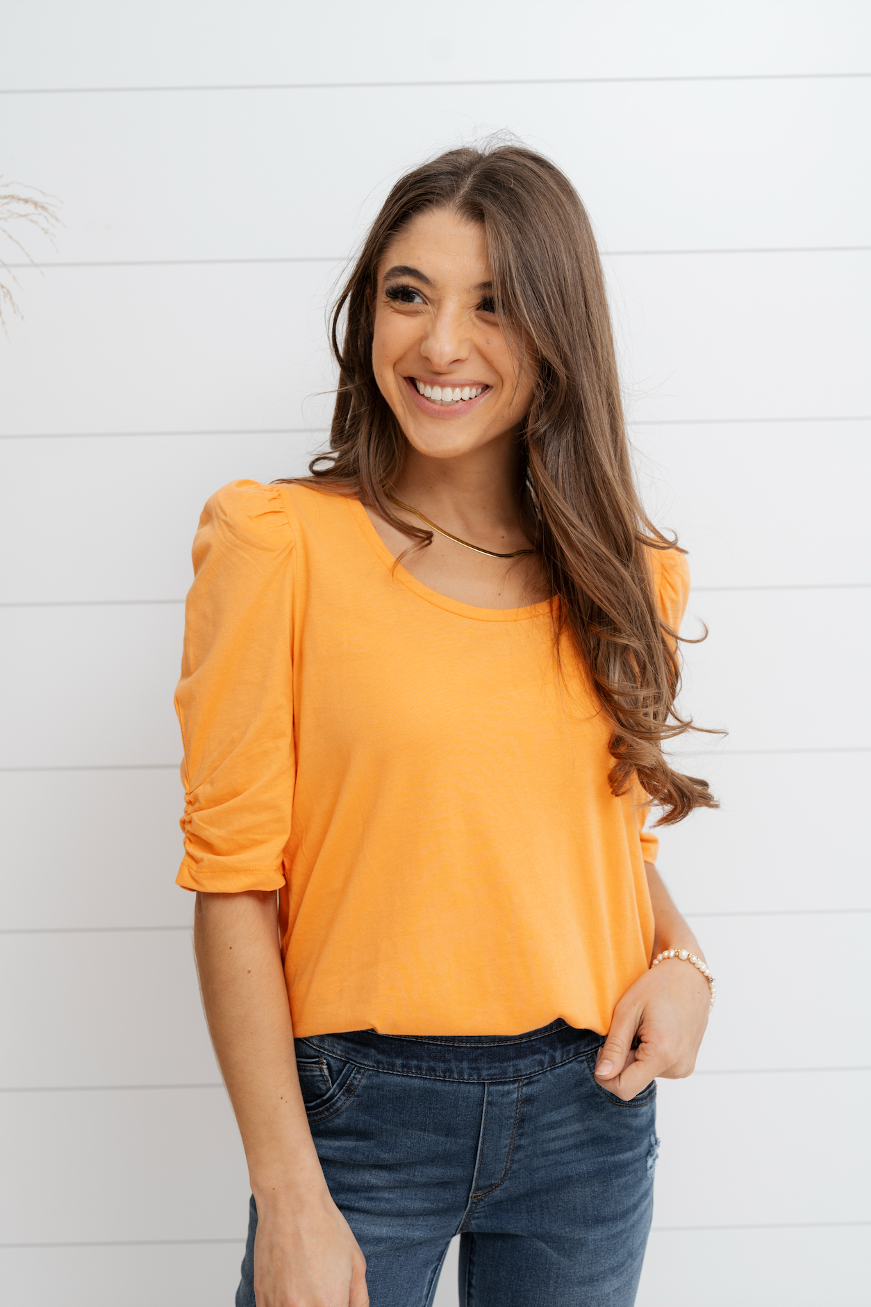 Colby Puff Ruched Sleeve Top - Tangerine