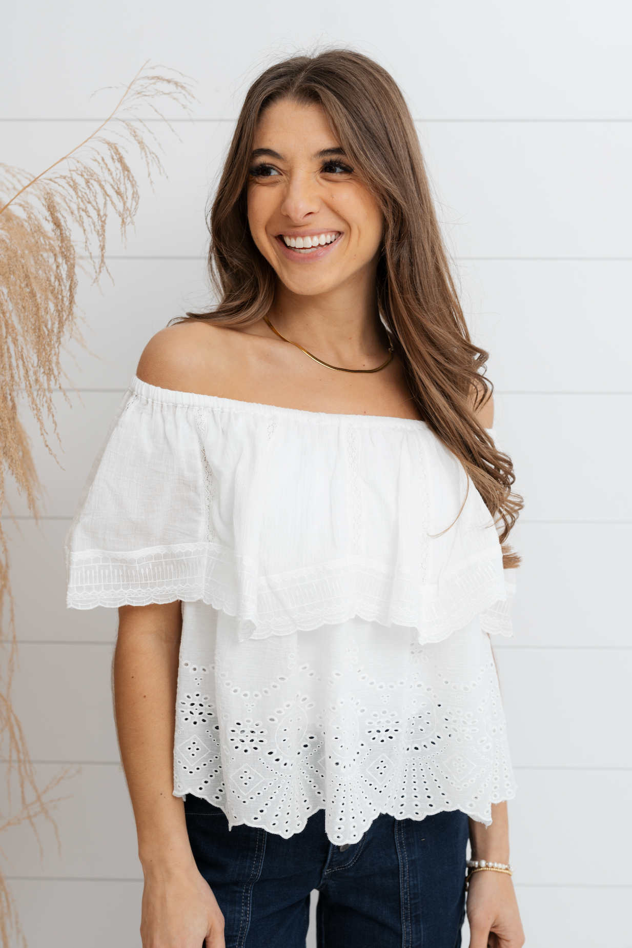 Eyelet Off The Shoulder Eyelet Top - White