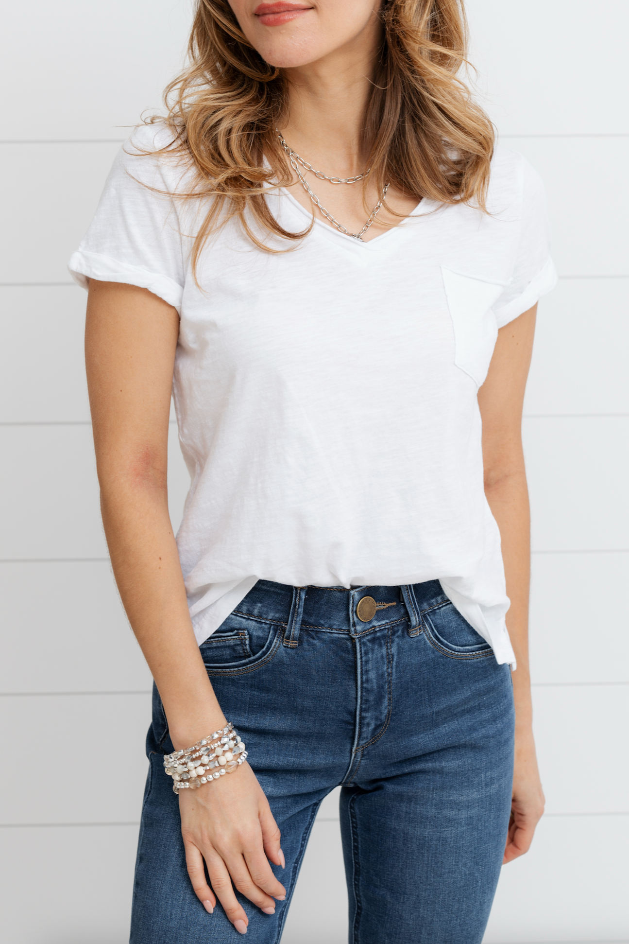 Roll Cuff Pocket Tee - White