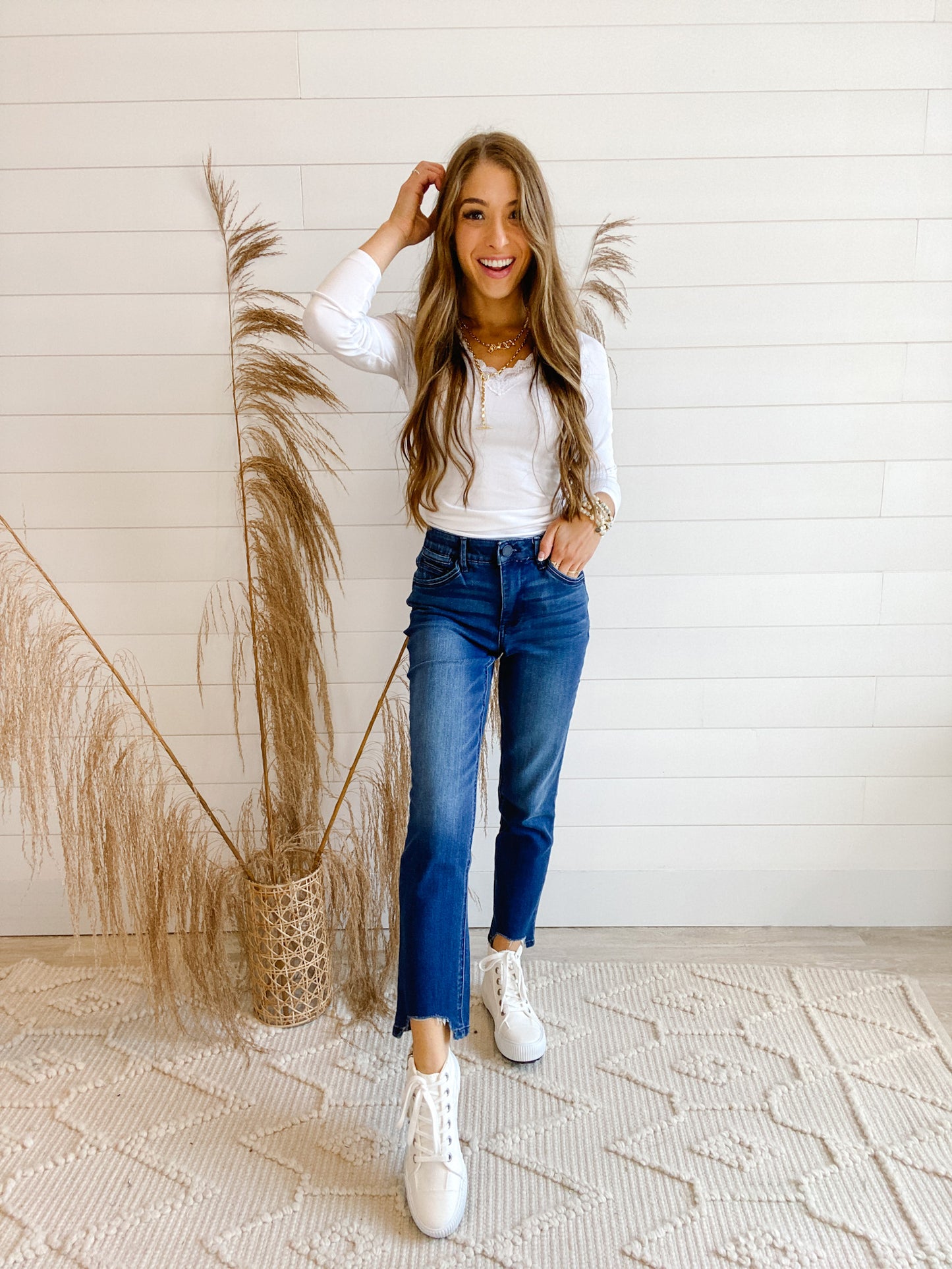 Slim Straight High Rise w/ Front Cut Out Hem