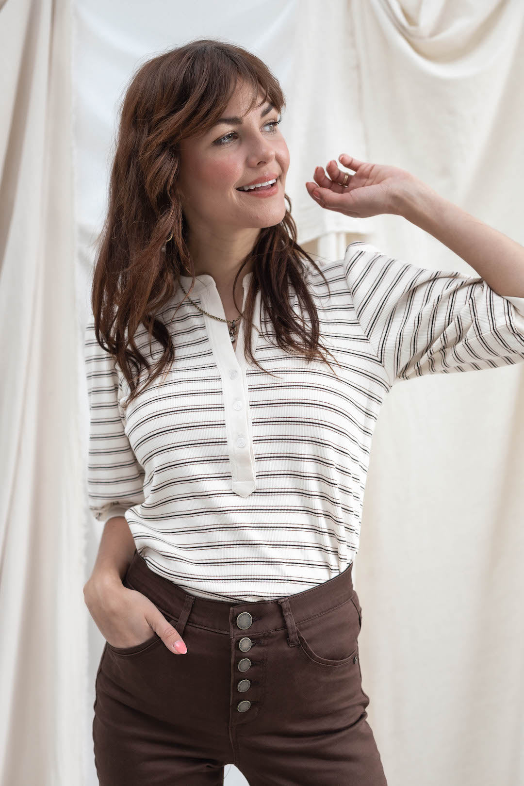 Stripe Button Front Elbow Sleeve Top