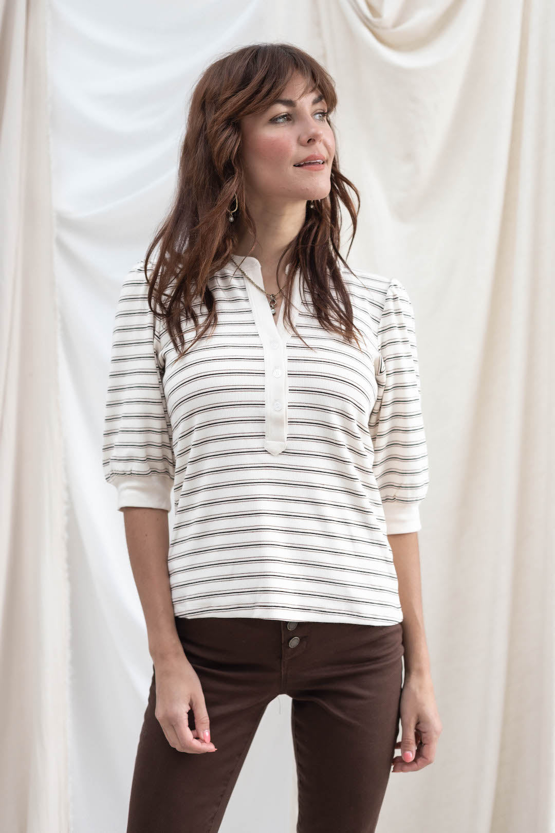 Stripe Button Front Elbow Sleeve Top