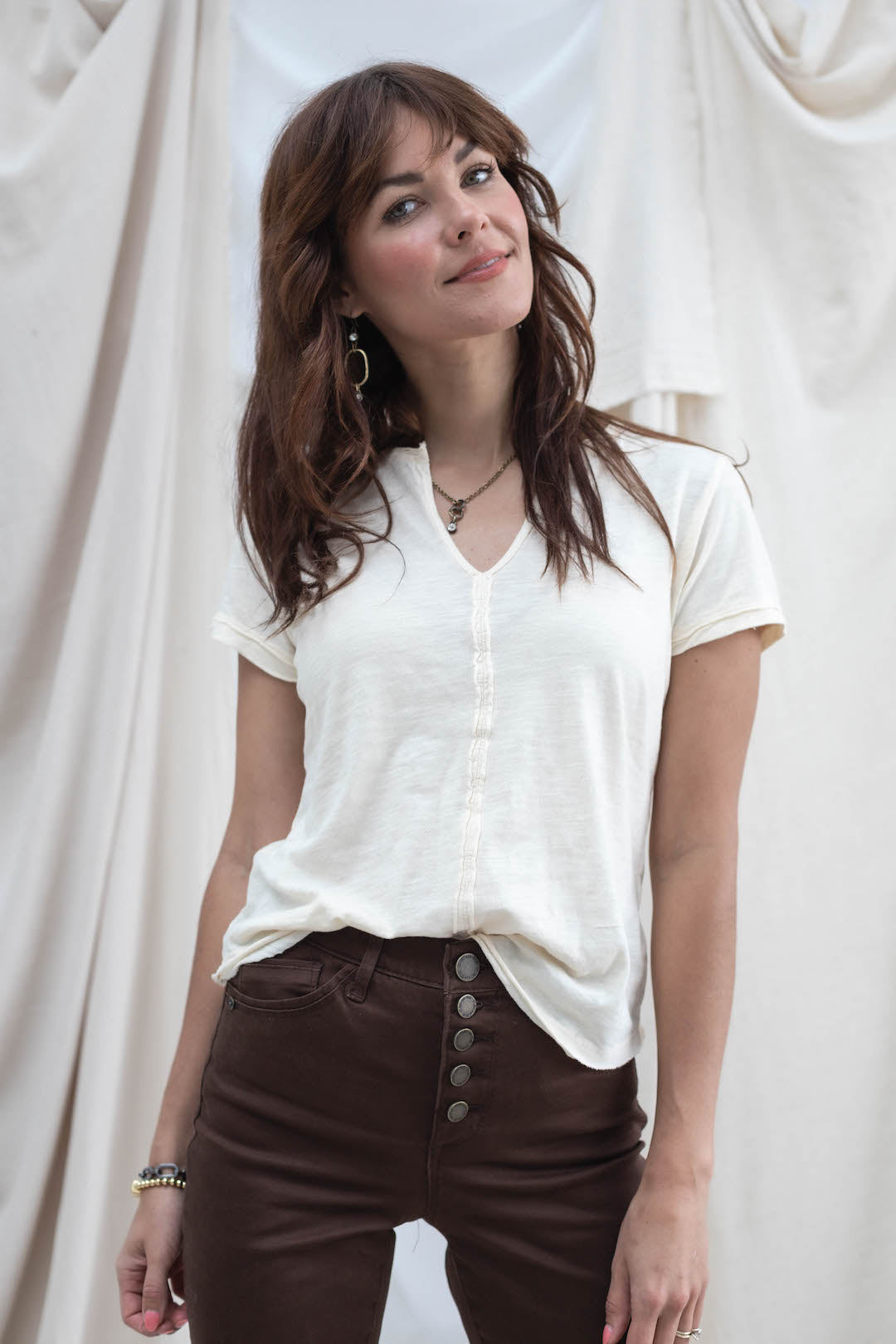 Placket Front V Neck Top - Cement