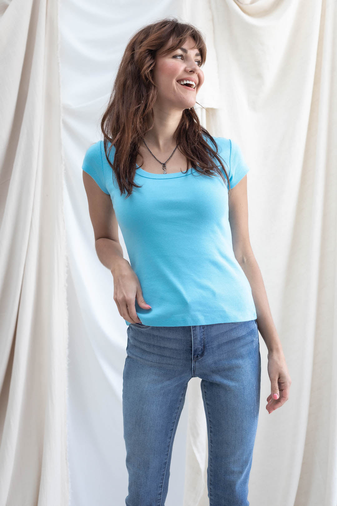 Cap Sleeve Ribbed Top - White and Blue