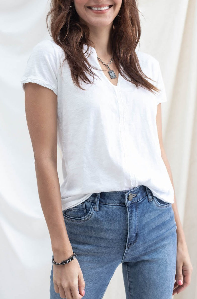 Placket Front V Neck Top - White