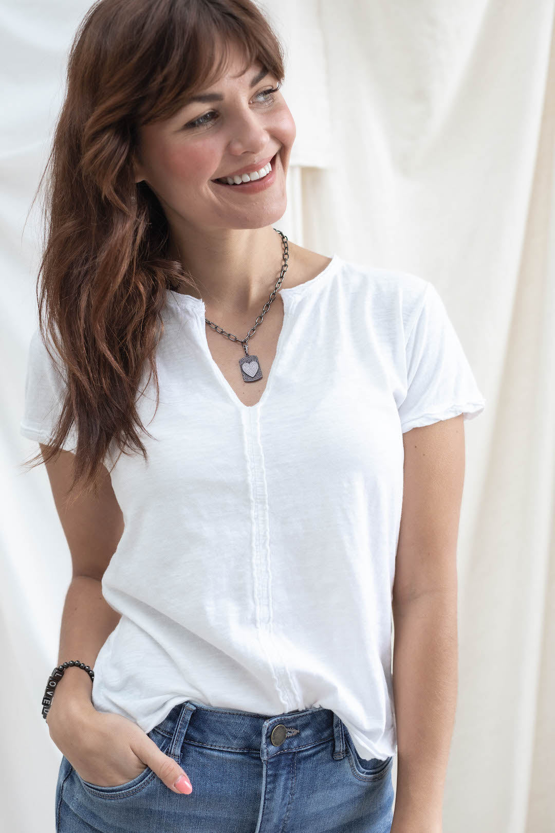 Placket Front V Neck Top - White