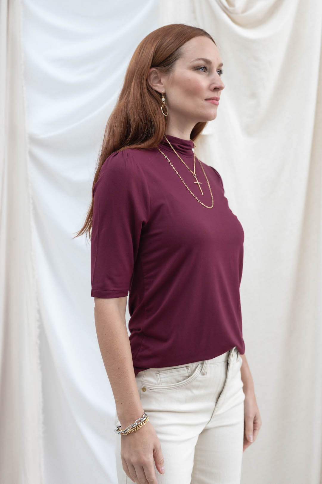 Mock Neck Elbow Sleeve Top - Berry