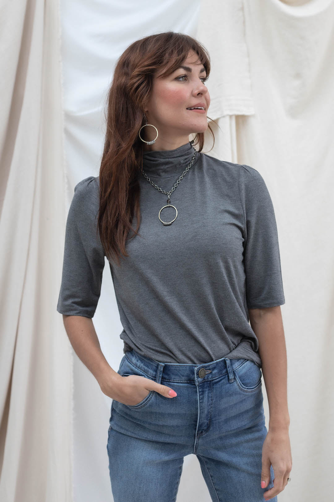 Mock Neck Elbow Sleeve Top - Charcoal