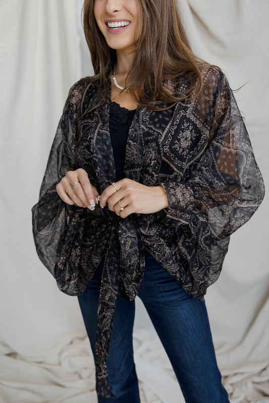 Tie Front Kimono - Black Bandana