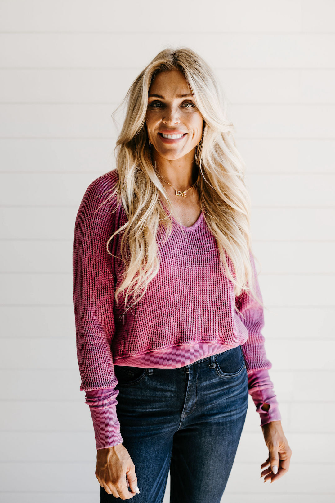 Everyday Vintage Waffle Sweater - Fuchsia