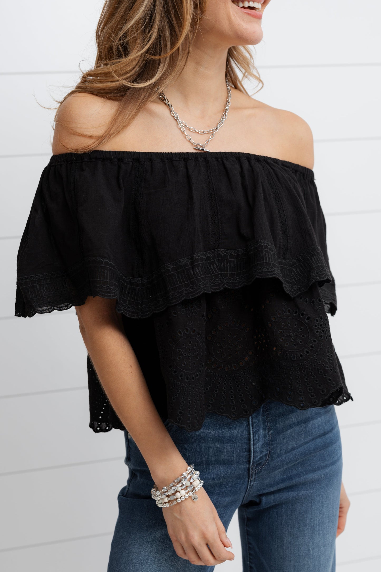 Eyelet Off The Shoulder Eyelet Top - Black