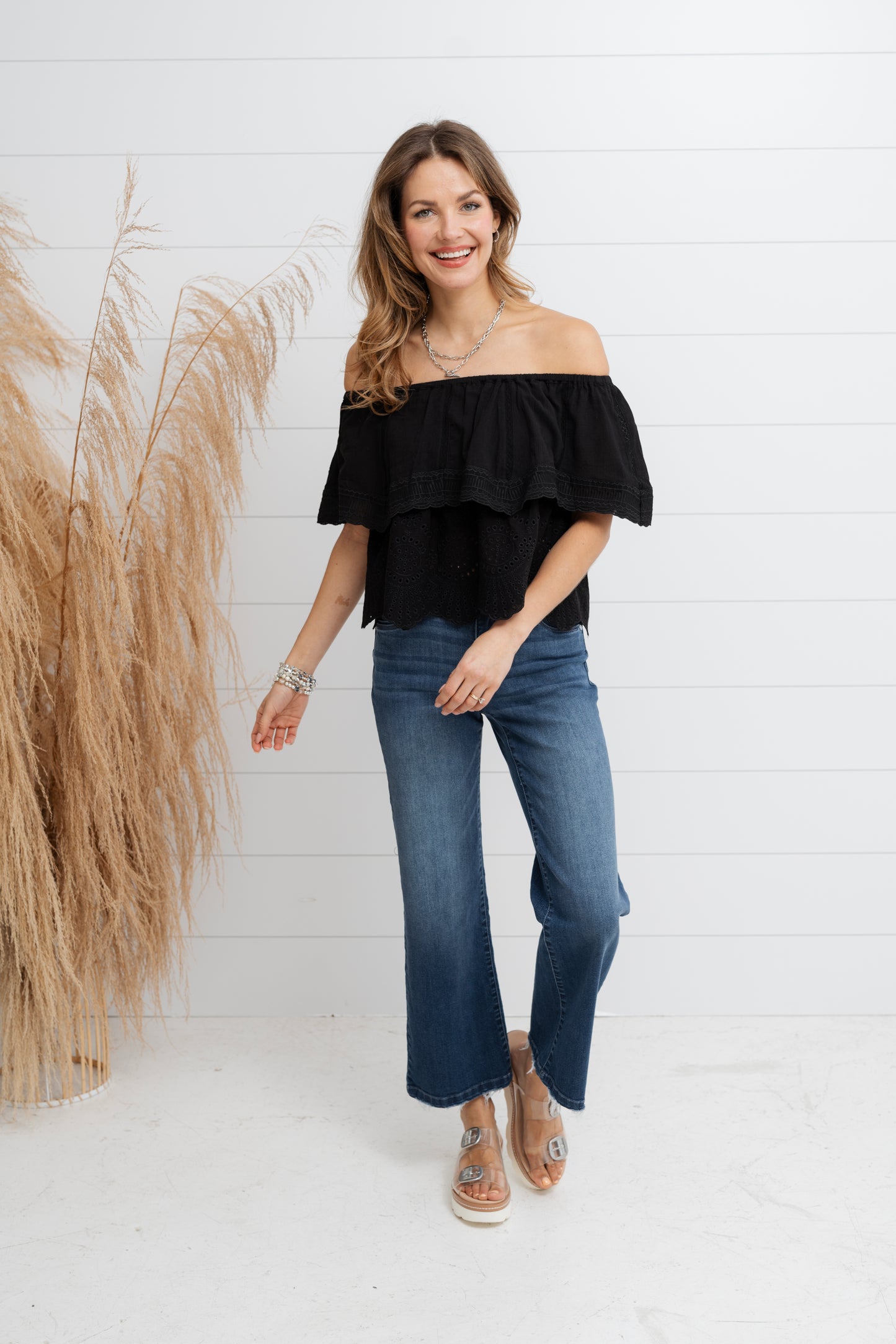 Eyelet Off The Shoulder Eyelet Top - Black