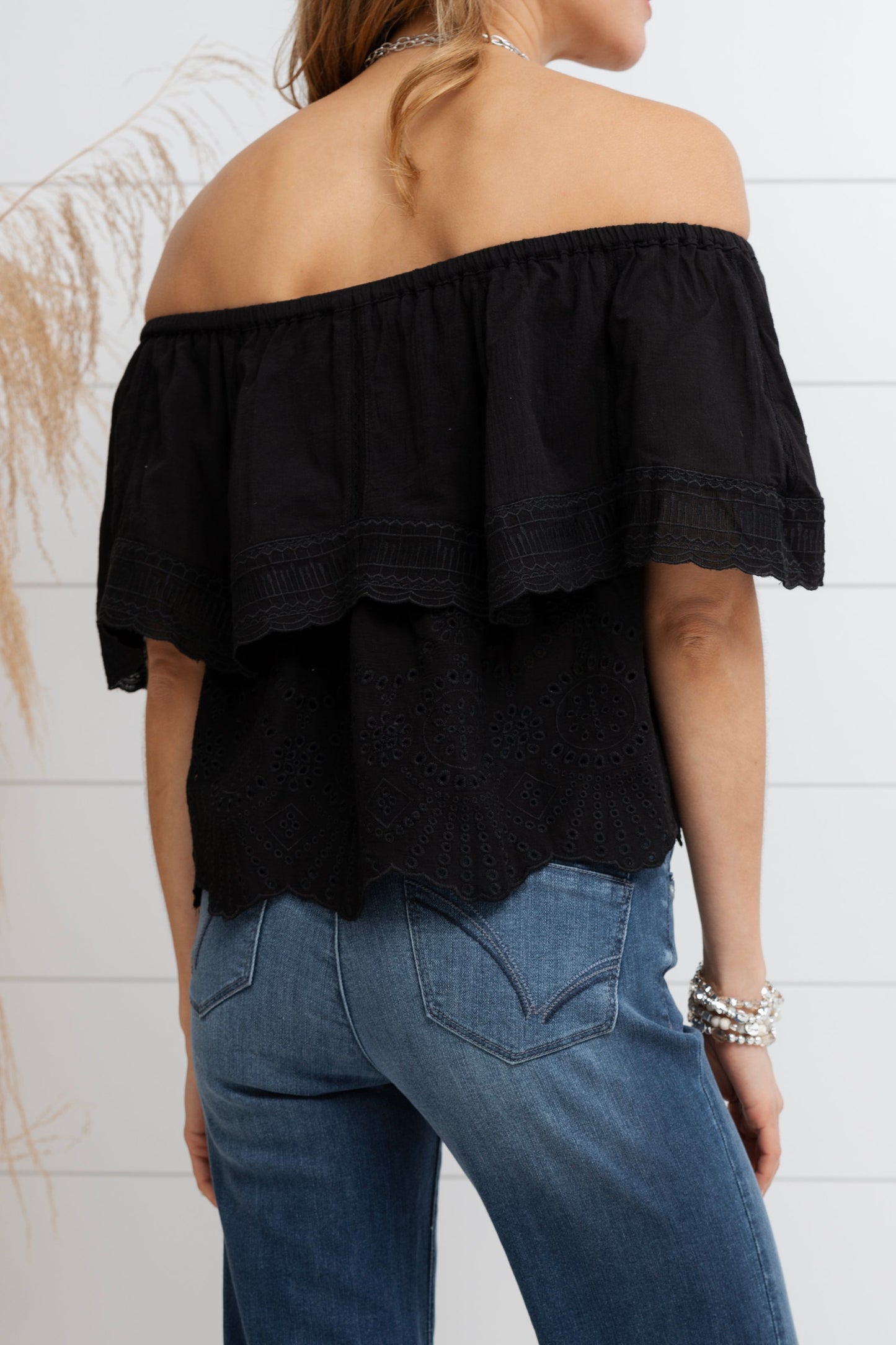 Eyelet Off The Shoulder Eyelet Top - Black