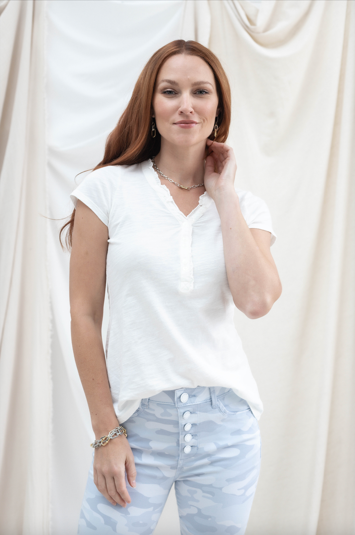 Button Detail V-Neck Top - White