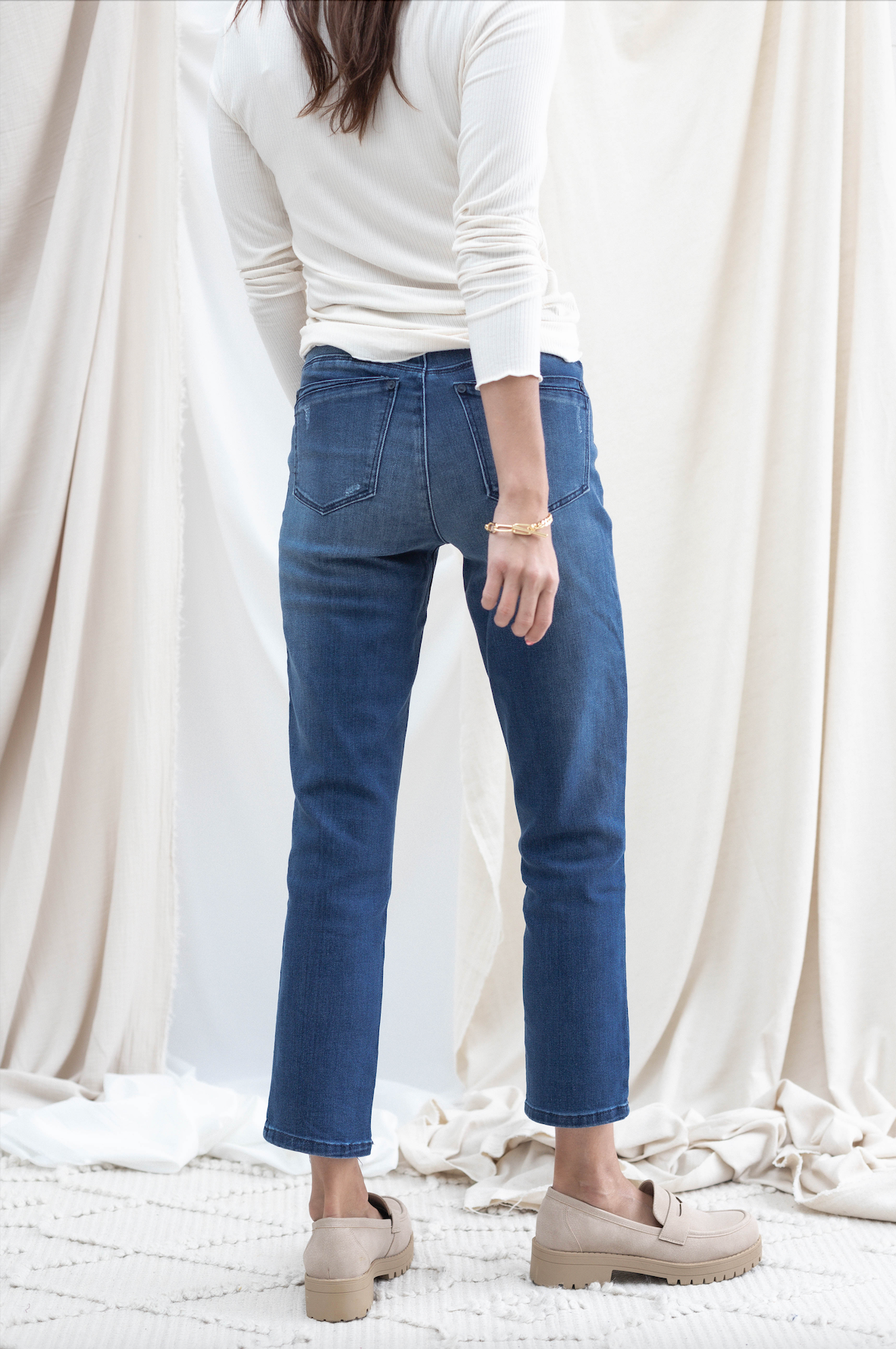 Slim Straight High Rise w/ Front Cut Out Hem