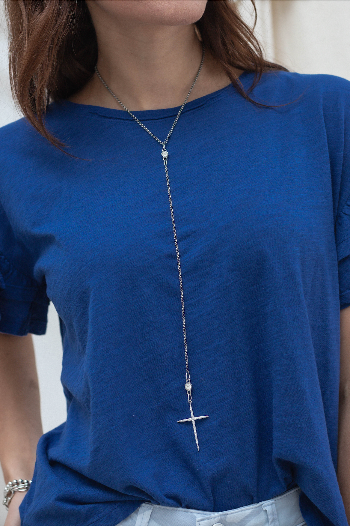 Pave Cross Lariat Necklace