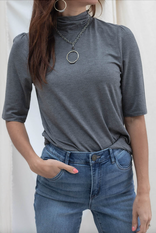 Mock Neck Elbow Sleeve Top - Charcoal