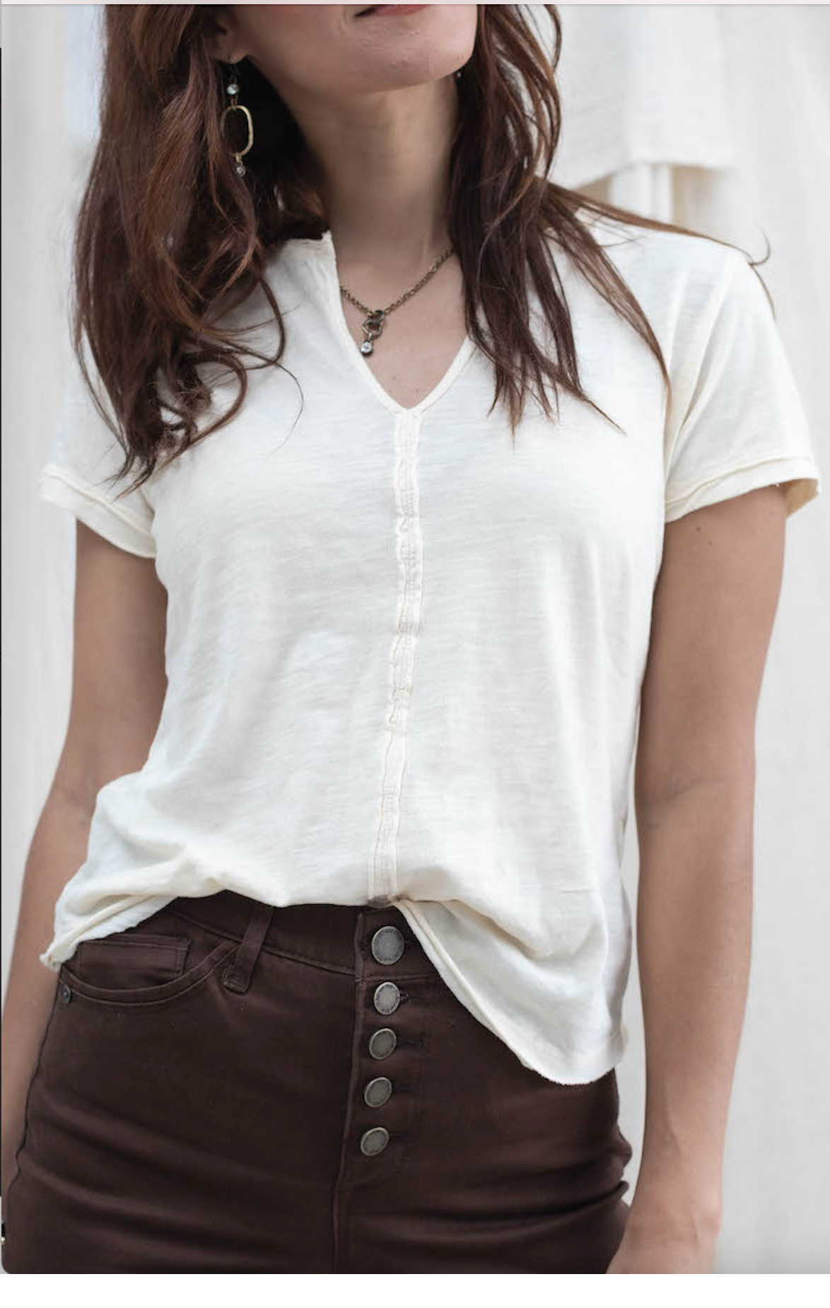 Placket Front V Neck Top - Cement