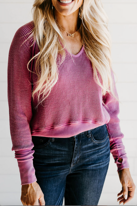 Everyday Vintage Waffle Sweater - Fuchsia