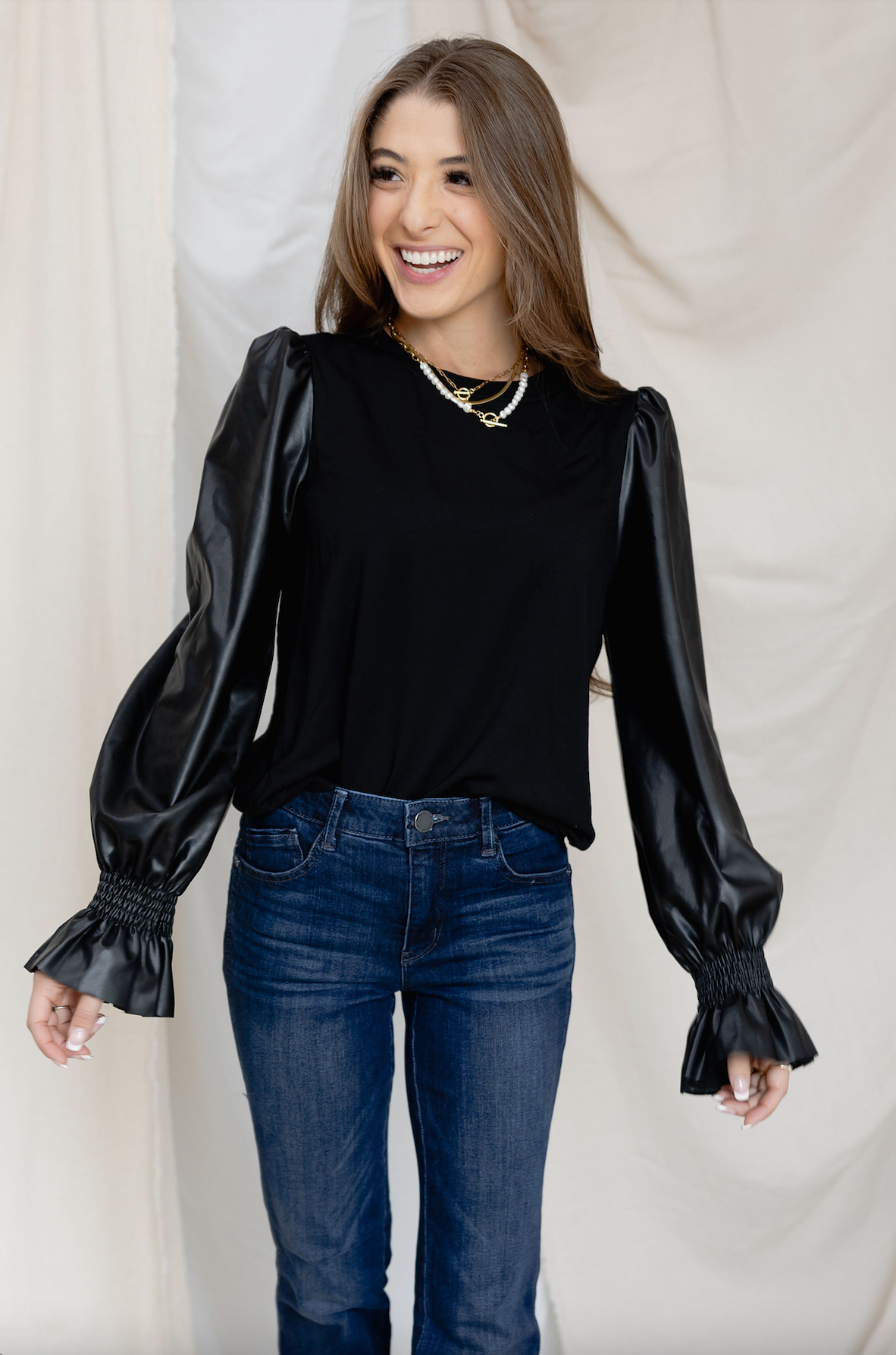 Pleather Sleeve Knit Top