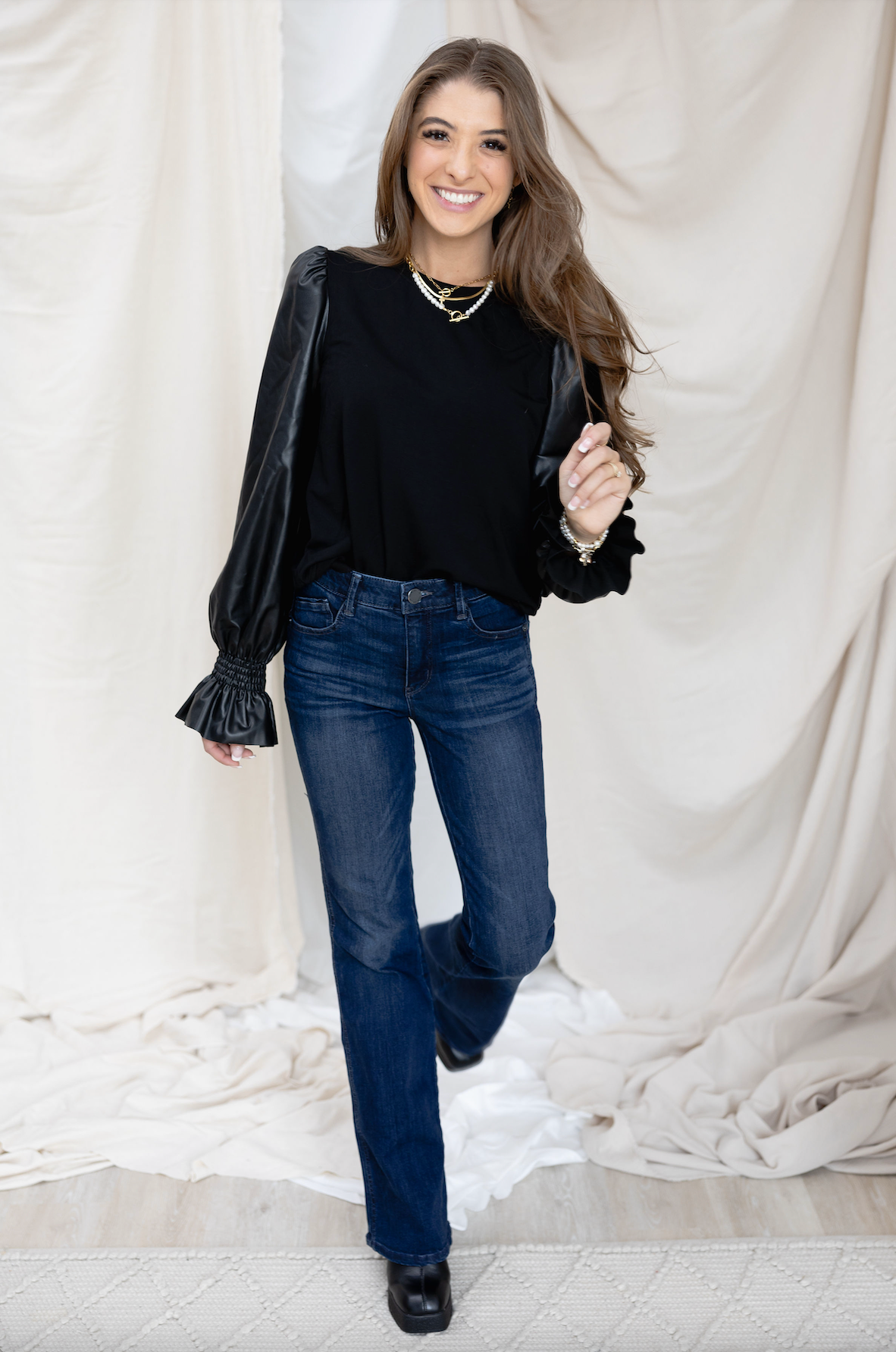 Pleather Sleeve Knit Top