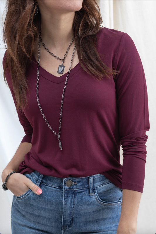 Everyday Long Sleeve V Neck - Berry