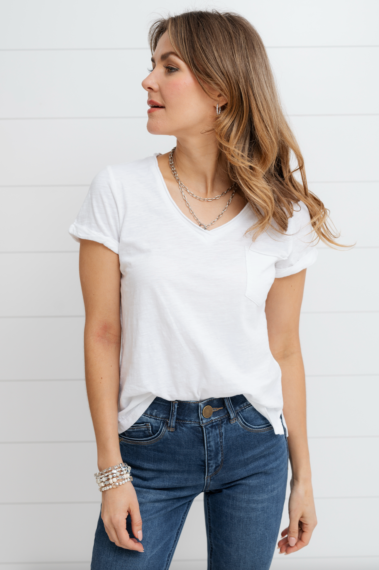 Roll Cuff Pocket Tee - White